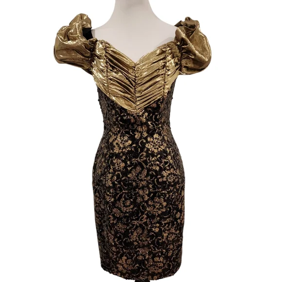 Vintage Dress Gold Puff Sleeves +  Sequins - curated by Rory Castillo - Picture 8 of 13